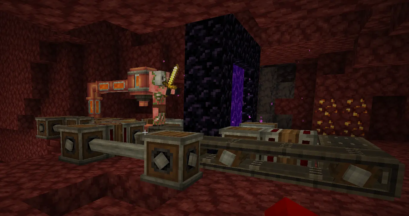 conveyer belts take in empty buckets, fills them with lava, transports them back to the overworld